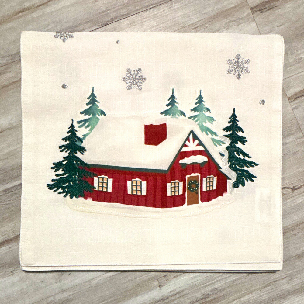 White Embroidered Christmas Table Runner Cabin Snowflakes Trees 72”x13”